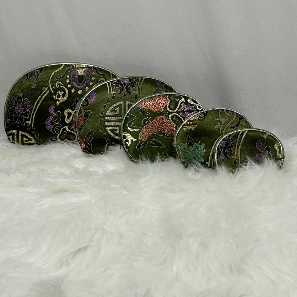 Nested Cosmetic Bags‎ Set of 5 Olive Green Floral and Koi Fish Makeup Pouches